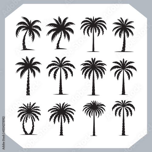 Logotype black simple palm tree vector silhouettes, Palm Trees Silhouette, Coconut Tree Silhouette on white background