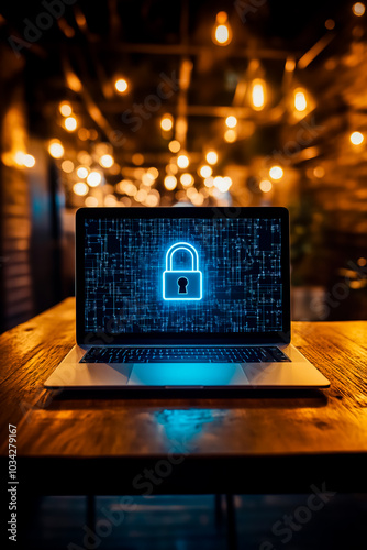 A laptop computer sitting on top of a wooden table, displaying an image of a lock on the screen.