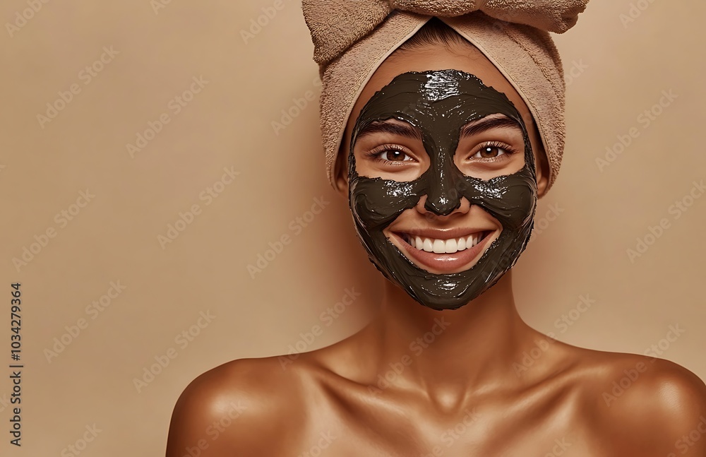 Woman with charcoal facial mask over beige studio background. Beautiful young woman with facial black clay mask. Skin care and treatment, spa, natural beauty and cosmetology concept Woman with charcoal facial mask over beige studio background. Beautiful young woman with facial black clay mask. Skin care and treatment, spa, natural beauty and cosmetology concept
