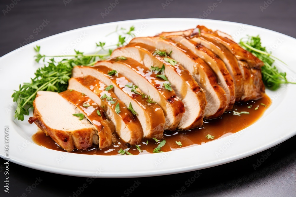 Slices of roasted turkey breast with a generous pour of brown gravy, garnished with fresh herbs, on a clean white background Slices of roasted turkey breast with a generous pour of brown gravy, garnished with fresh herbs, on a clean white background