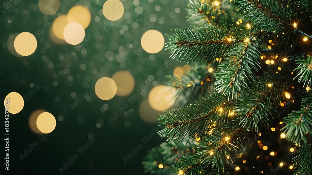 Pine tree with subtle bokeh effect, warm sparkle, festive glow Pine tree with subtle bokeh effect, warm sparkle, festive glow