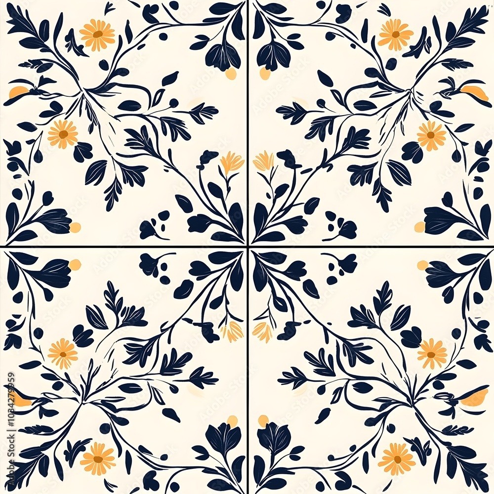 A seamless pattern of navy blue floral motifs on a white background. The flowers are yellow and have a simple design. A seamless pattern of navy blue floral motifs on a white background. The flowers are yellow and have a simple design.