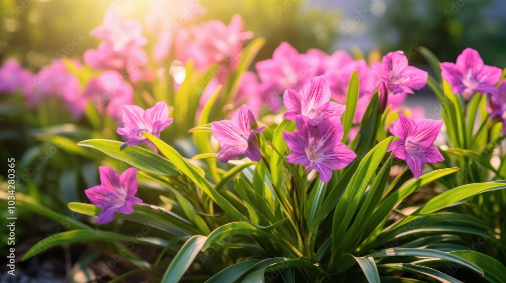 Tradescantia plant with pink foliage set against a soft blurred green background in a garden setting Tradescantia plant with pink foliage set against a soft blurred green background in a garden setting
