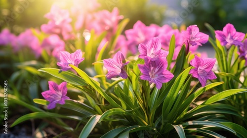 Tradescantia plant with pink foliage set against a soft blurred green background in a garden setting