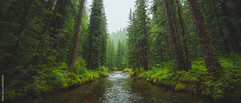 Obraz premium Serene Forest Stream Landscape Peaceful Flow in Enchanted Woods - Tranquil Nature Scene, Lush Greenery, Reflections of Trees and Mist - Calm and Serene Woodland Escape