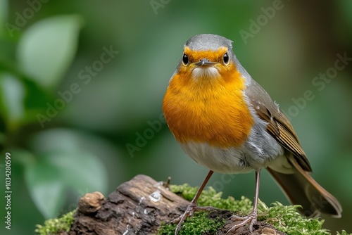 Close-Up European Robin Perched on Mossy Branch in Enchanting Forest - Tranquil Nature Wildlife Portrait