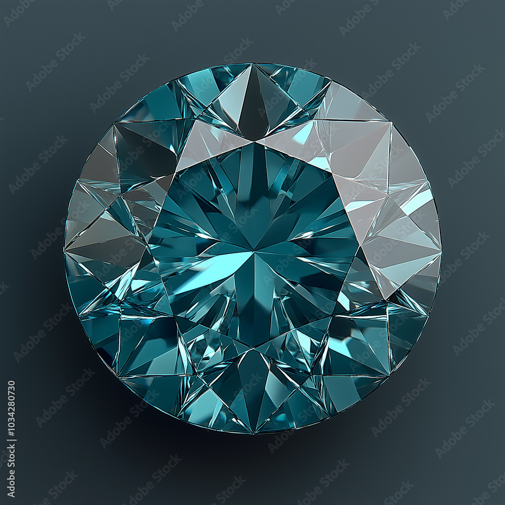 3d render of round aquamarine gem against dark turquoise background