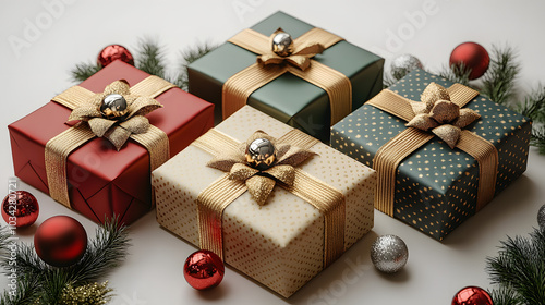 A Cheerful Collection of Christmas Gifts in Red, Green, and White: Perfectly Wrapped Boxes and Bows Creating a Festive Atmosphere Ideal for Holiday Celebrations and Gift-Giving Inspiration. 