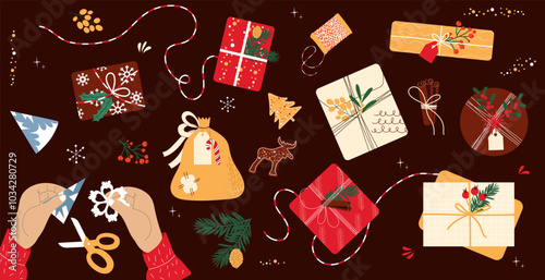 Hand drawn set with gift boxes, winter elements, hands making a snowflake. Vector design of gift wrapping.