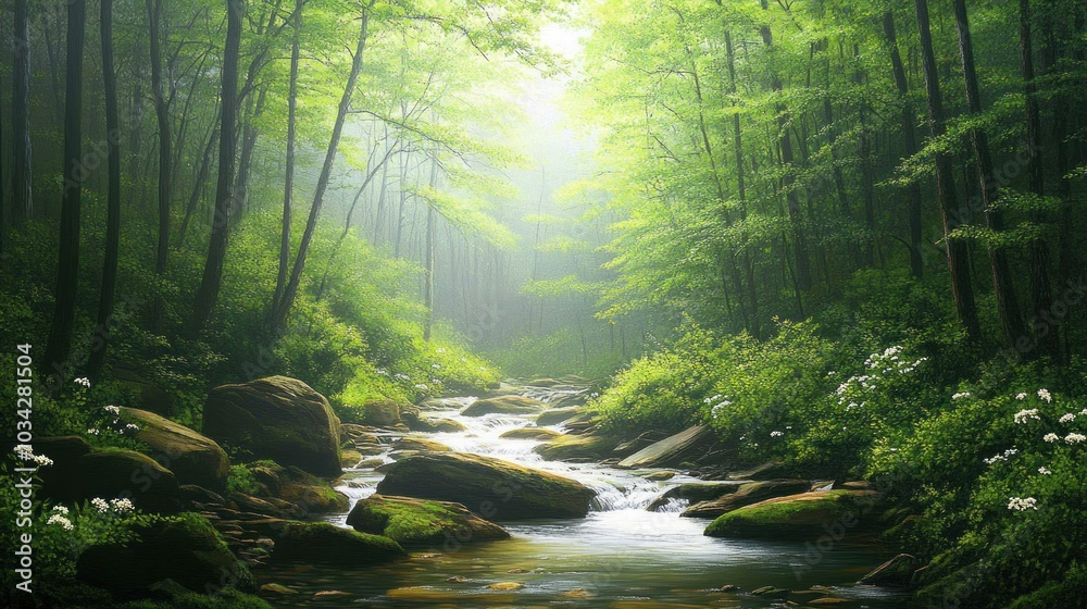 Obraz premium Tranquil Stream Flowing Through a Misty Forest