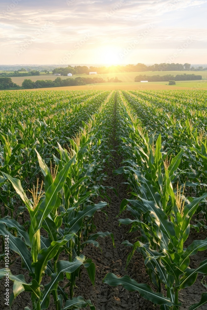 Tranquil Sunset Over Serene Cornfield - Symmetrical Rows of Verdant Corn Plants in Rural Landscape at Dusk Tranquil Sunset Over Serene Cornfield - Symmetrical Rows of Verdant Corn Plants in Rural Landscape at Dusk