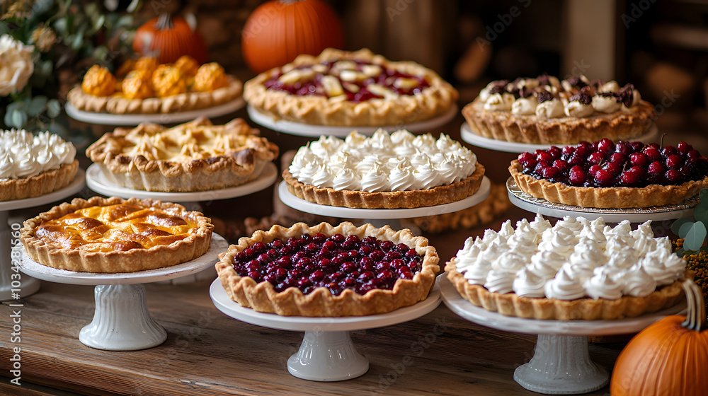 A Delightful Display of Various Baked Pies on a Table: Featuring an Array of Sizes and Flavors, Perfect for Any Gathering or Celebration, Capturing the Essence of Homemade Comfort and Culinary Creativ A Delightful Display of Various Baked Pies on a Table: Featuring an Array of Sizes and Flavors, Perfect for Any Gathering or Celebration, Capturing the Essence of Homemade Comfort and Culinary Creativ