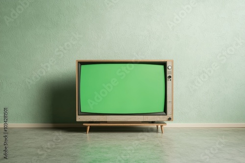 Vintage Television Retro Room Nostalgic Brown Wooden TV on Green Wall, Classic Home Decor Concept