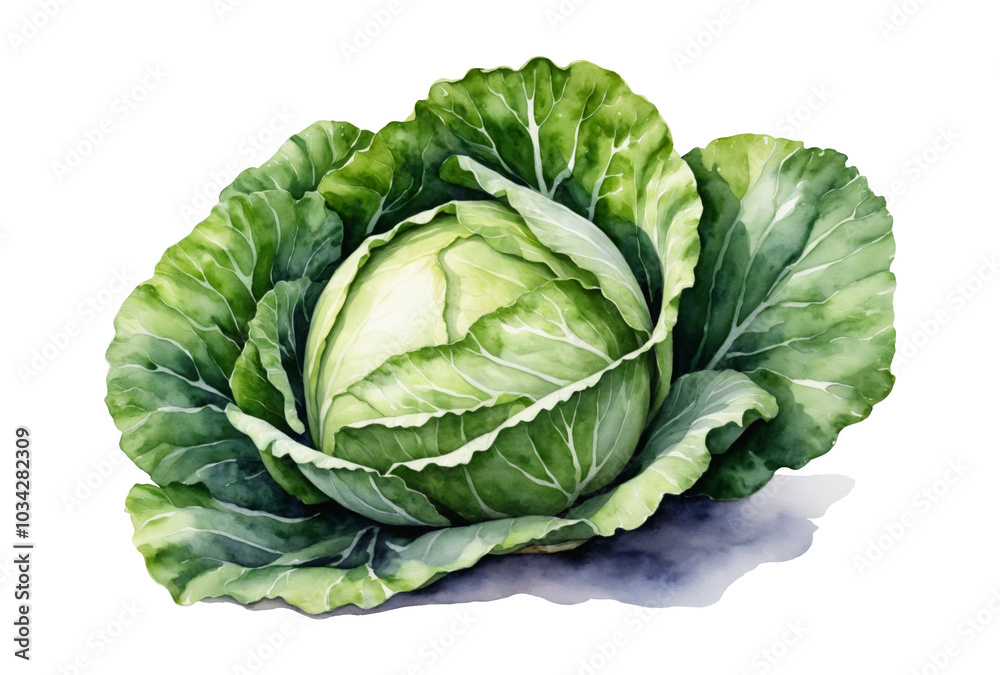 Fototapeta premium Watercolor illustration of fresh cabbage isolated on a transparent background. Healthy food, cooking and lifestyle. Botanical image for card, poster, textile, menu, kitchen, book.