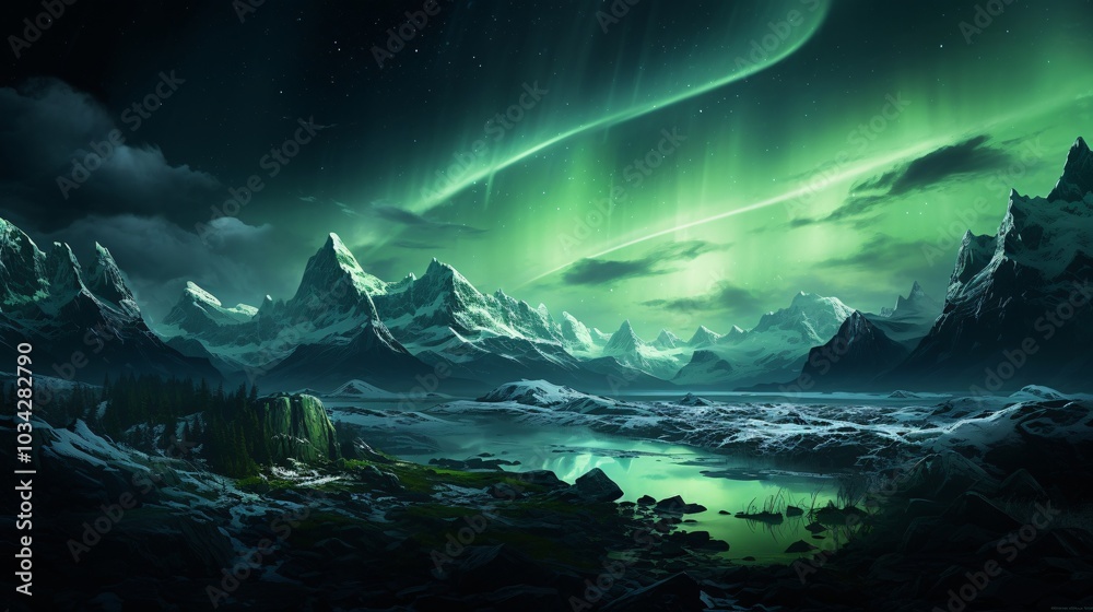 Fototapeta premium The aurora borealis casting a green glow over a glacier