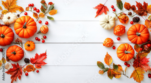Wallpaper Mural Pumpkins, gourds, and leaves are arranged on a white wood surface, creating a festive autumnal display. Thanksgiving day
 Torontodigital.ca