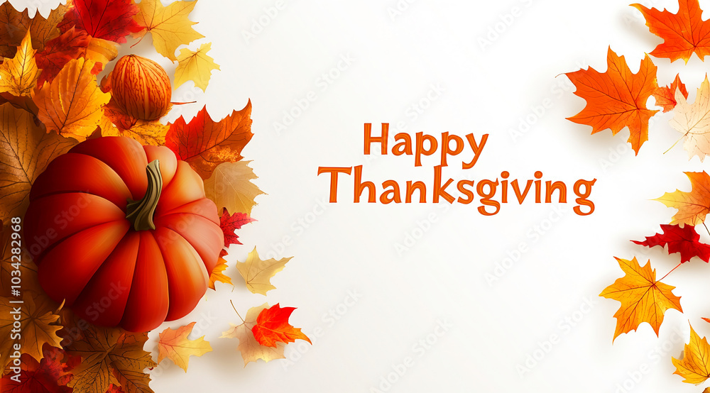 A single pumpkin rests amidst colorful autumn leaves, creating a festive Thanksgiving greeting
A single pumpkin rests amidst colorful autumn leaves, creating a festive Thanksgiving greeting