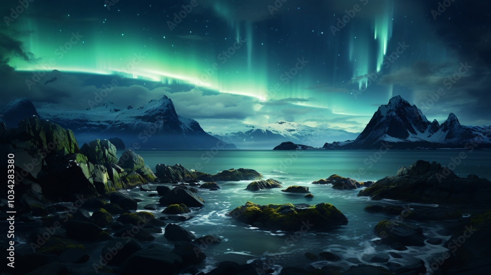 A panoramic view of the aurora borealis over a rugged coastline A panoramic view of the aurora borealis over a rugged coastline
