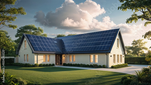 Modern Eco Friendly House with Roof Mounted Solar Panels. Sustainable Living in Suburban.