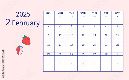 2025年2月のカレンダー　日曜日始まり