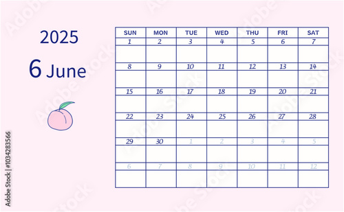 2025年6月のカレンダー　日曜日始まり