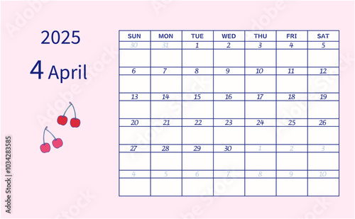 2025年4月のカレンダー　日曜日始まり