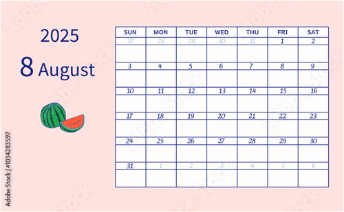 2025年8月のカレンダー　日曜日始まり