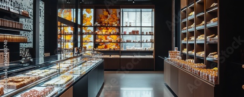 A bakery with shelves of pastries and jars of honey.