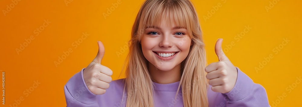 Close-up charming delighted cute female customer give positive feedback show thumbs-up like gesture smiling broadly agree recommend perfect product skincare standing satisfied orange background. Close-up charming delighted cute female customer give positive feedback show thumbs-up like gesture smiling broadly agree recommend perfect product skincare standing satisfied orange background.