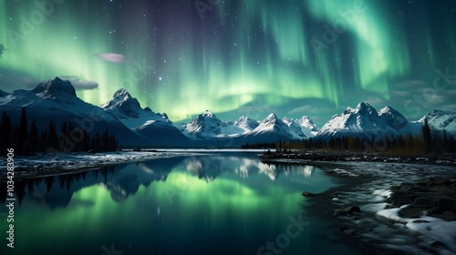 The aurora borealis casting a green glow over a frozen lake