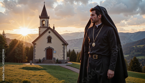 Monk standing in front of a chapel at sunset with mountains in the background