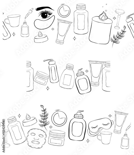 Spa day care line border background set. Vector seamless pattern with outline festive items. home spa decoration, cream, timer, candle, girl portrait, patches, flower


