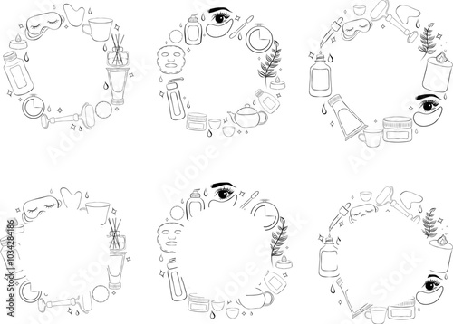 vector cosmetics line set of round frames. Round templates with doodle elements. Can be used for greeting card, poster and banner design.
