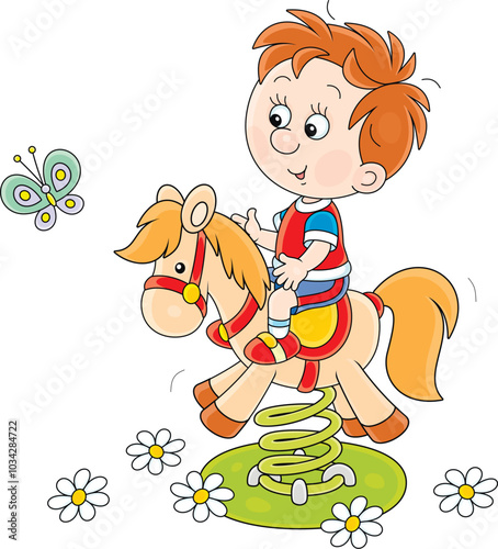 Cheerful little boy swinging on a toy horse on a playground in a park, vector cartoon illustration on a white background