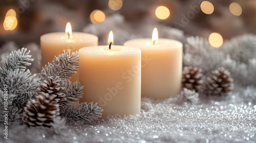 Christmas Candles in White: A Serene Display of Holiday Spirit and Elegance Against a Soft Background, Creating a Warm and Inviting Atmosphere for Festive Celebrations. 