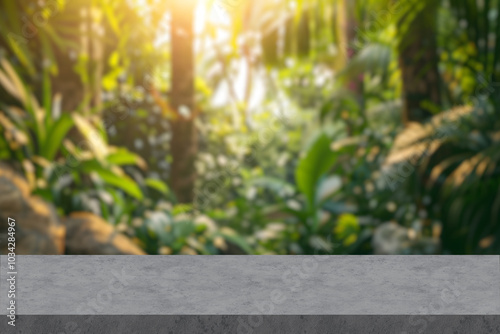 Fototapeta Naklejka Na Ścianę i Meble -  Stone podium table top floor on outdoors blur monstera tropical forest plant nature background.Organic healthy natural product placement pedestal display,spring or summer jungle concept.