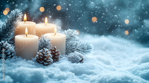 Christmas Candles in White: A Serene Display of Holiday Spirit and Elegance Against a Soft Background, Creating a Warm and Inviting Atmosphere for Festive Celebrations. 