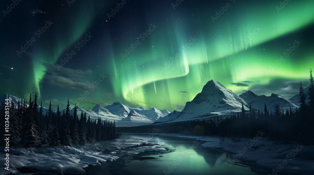 Naklejka premium The aurora borealis casting a green glow over a snow-covered landscape