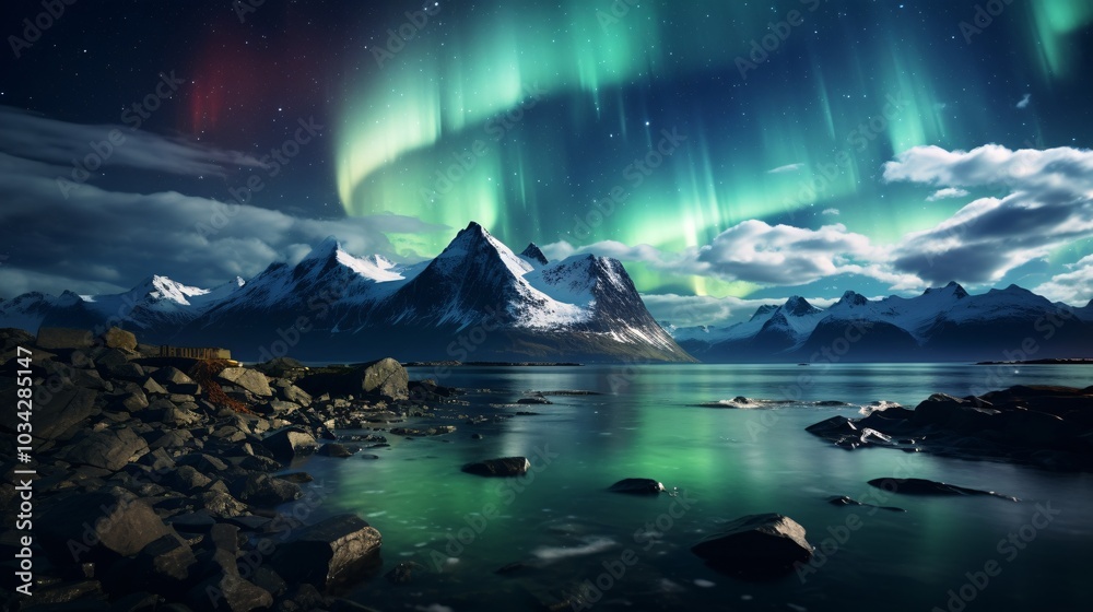 Naklejka premium The northern lights illuminating the sky above a coastal region