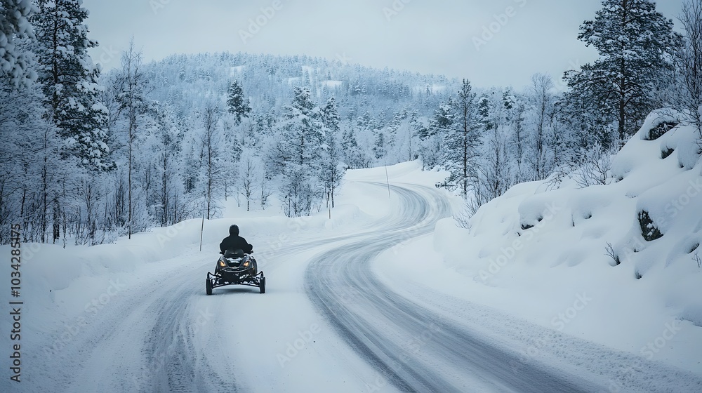 Winter Finnish snowy lanscape with road and snowmobile. Winter Finnish snowy lanscape with road and snowmobile.