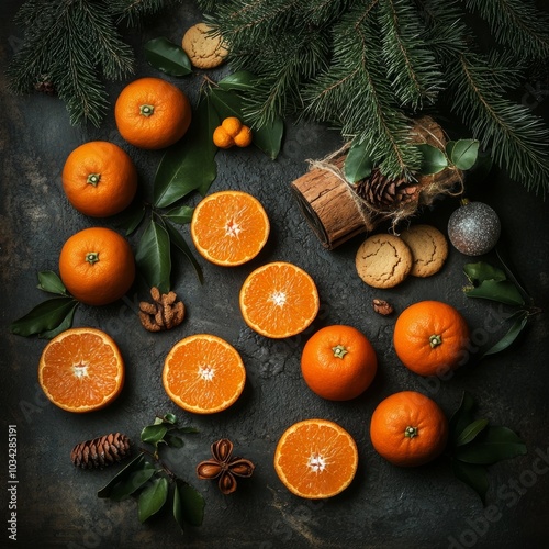 Xmas decor. Stone bg. Top view.