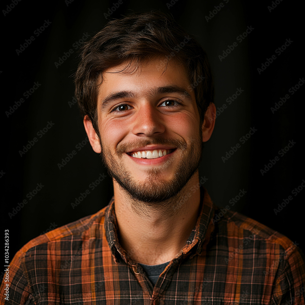 Obraz premium Headshot portrait photograph of a young man with short brown hair and a beard, wearing a plaid shirt against a black background