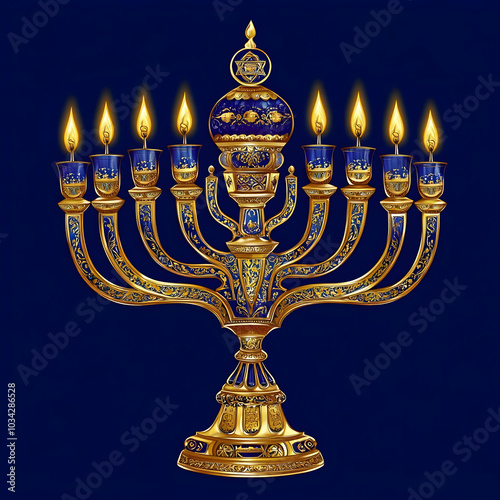 A beautifully designed menorah with blue and gold accents, featuring lit candles. photo