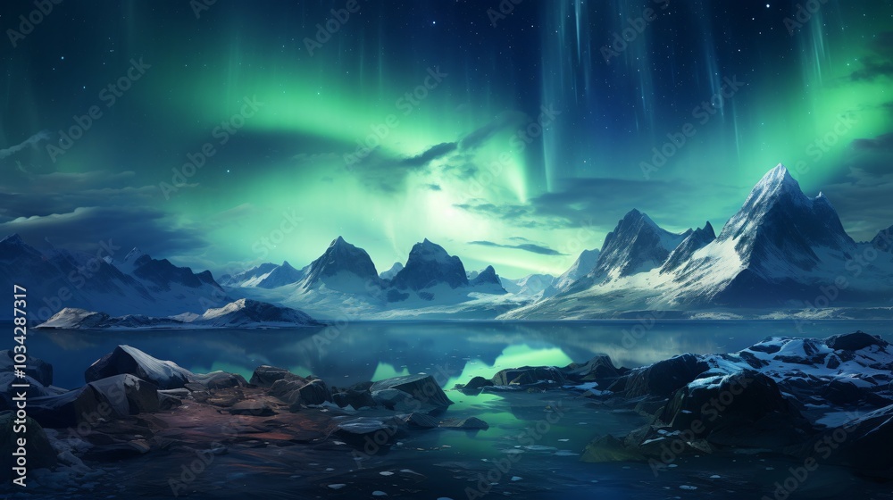 Naklejka premium The northern lights illuminating the night sky above a frozen sea