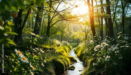 Summer forest into sun lights