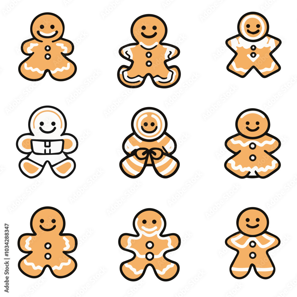 Outline icon set of cute gingerbread man cookie Outline icon set of cute gingerbread man cookie