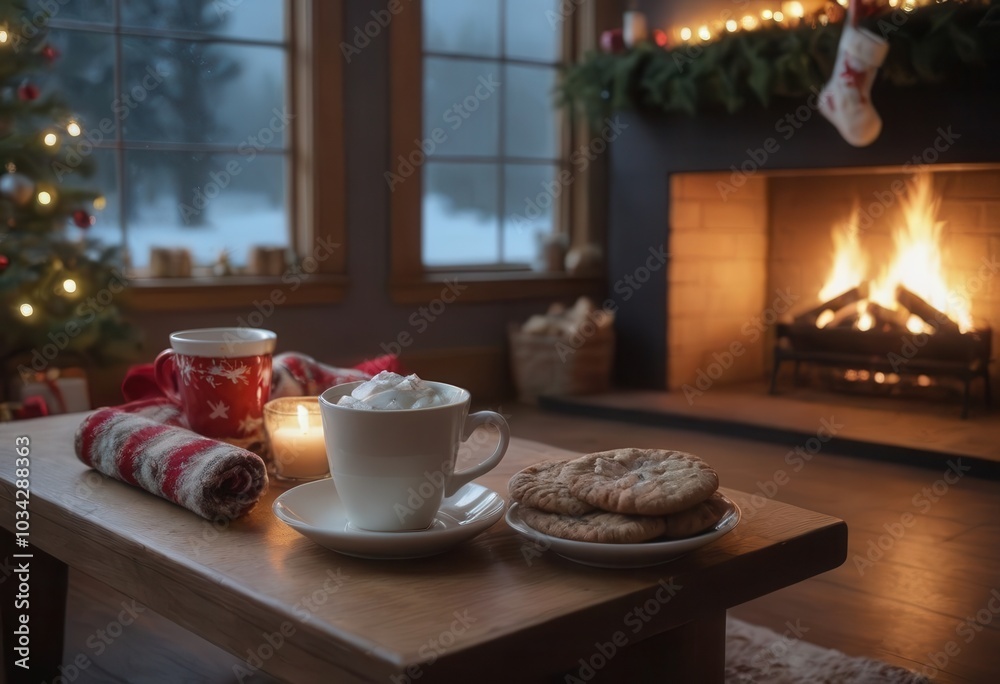 A Christmasdecorated living room with a fireplace and tree A Christmasdecorated living room with a fireplace and tree