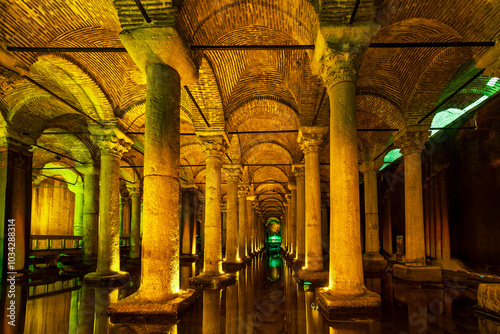Фотография The ancient Roman Yerebatan Basilica Cistern, a subterranean structure built to hold water beneath the Sultanahmet district of the city of Istanbul, Turkey