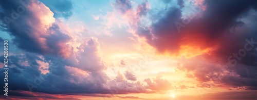 Tropical sunset. Beautiful sunset sky with clouds. Orange sunset, dark clouds in sky. Background of dark clouds before storm. Dramatic clouds. Apocalyptic sky, dark cloud. Overcast background