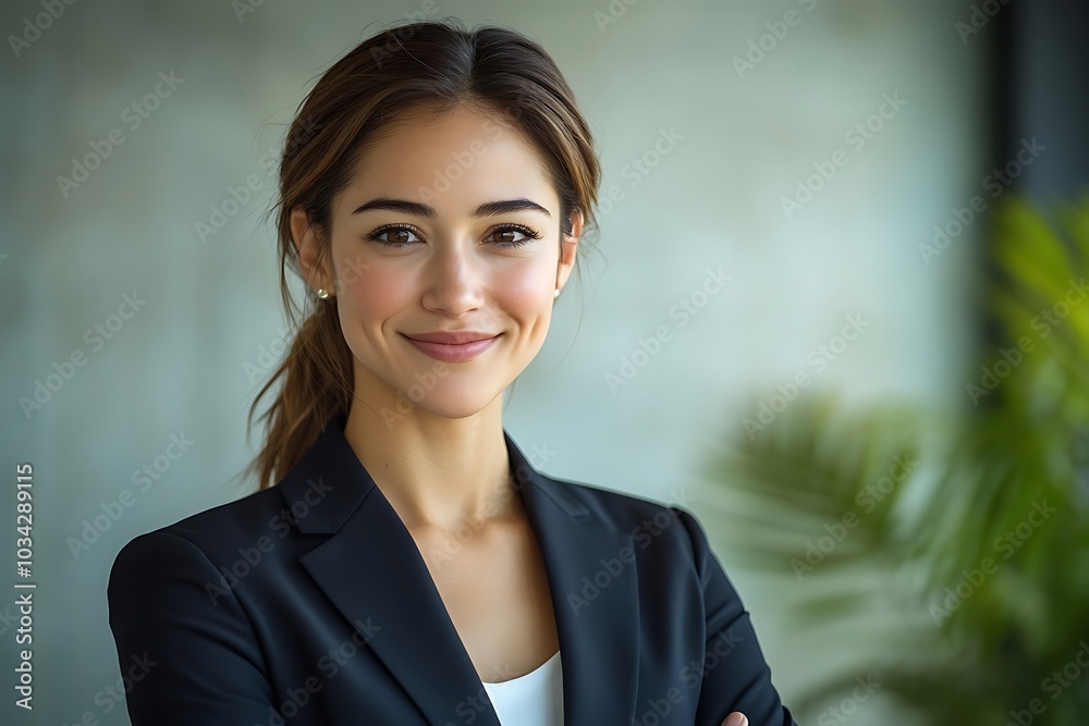 Confident Businesswoman Smiling in Office Attire Confident Businesswoman Smiling in Office Attire